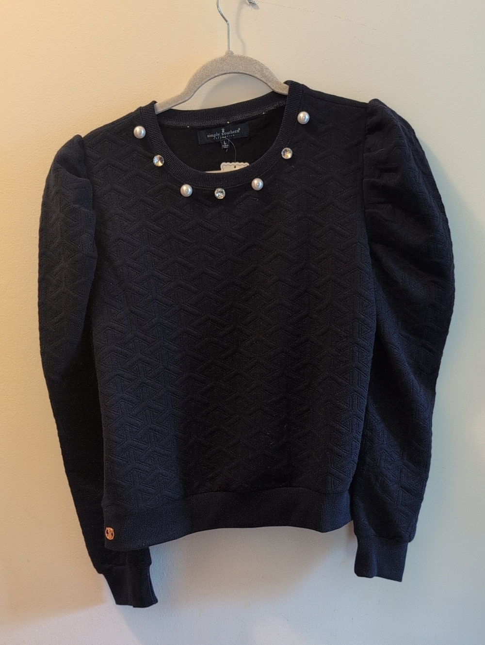 Simply Southern Navy Crewneck Sweater with Pearl and Jewel Trim